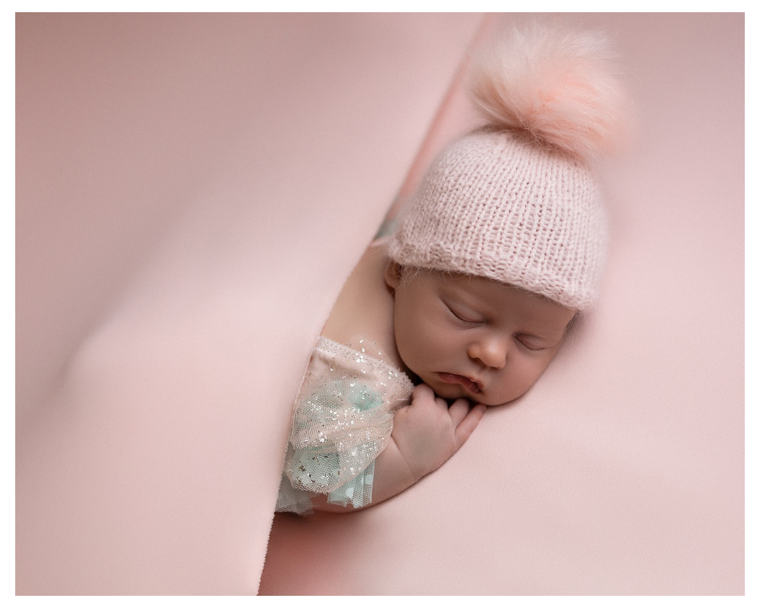 Pale Pink Newborn Beanie with Fur Pom Pom