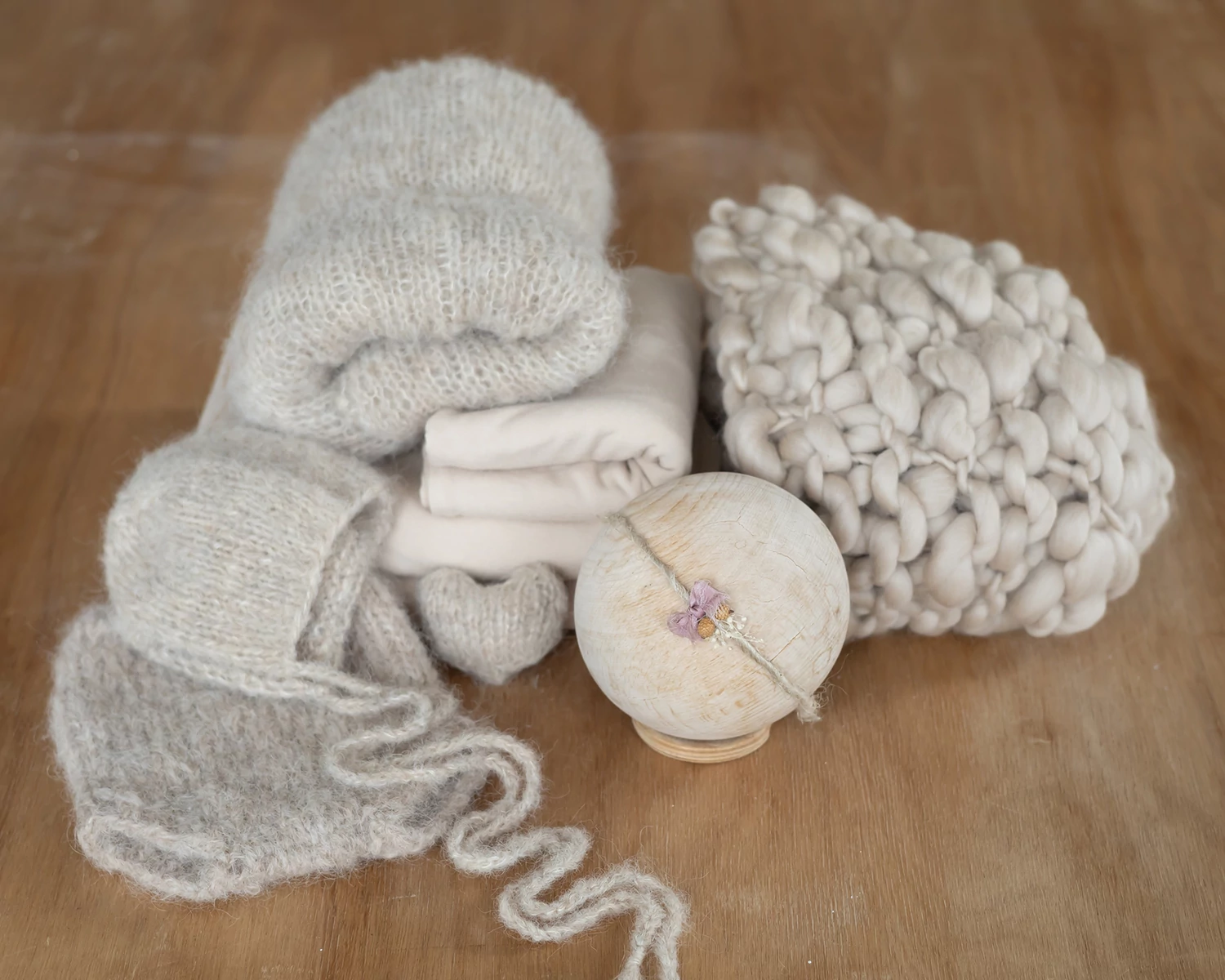 PRE-ORDER Eight-piece Unisex Sand-Beige Beginner Set: Layer, Wrap, Bonnet, Headband, Backdrop, etc