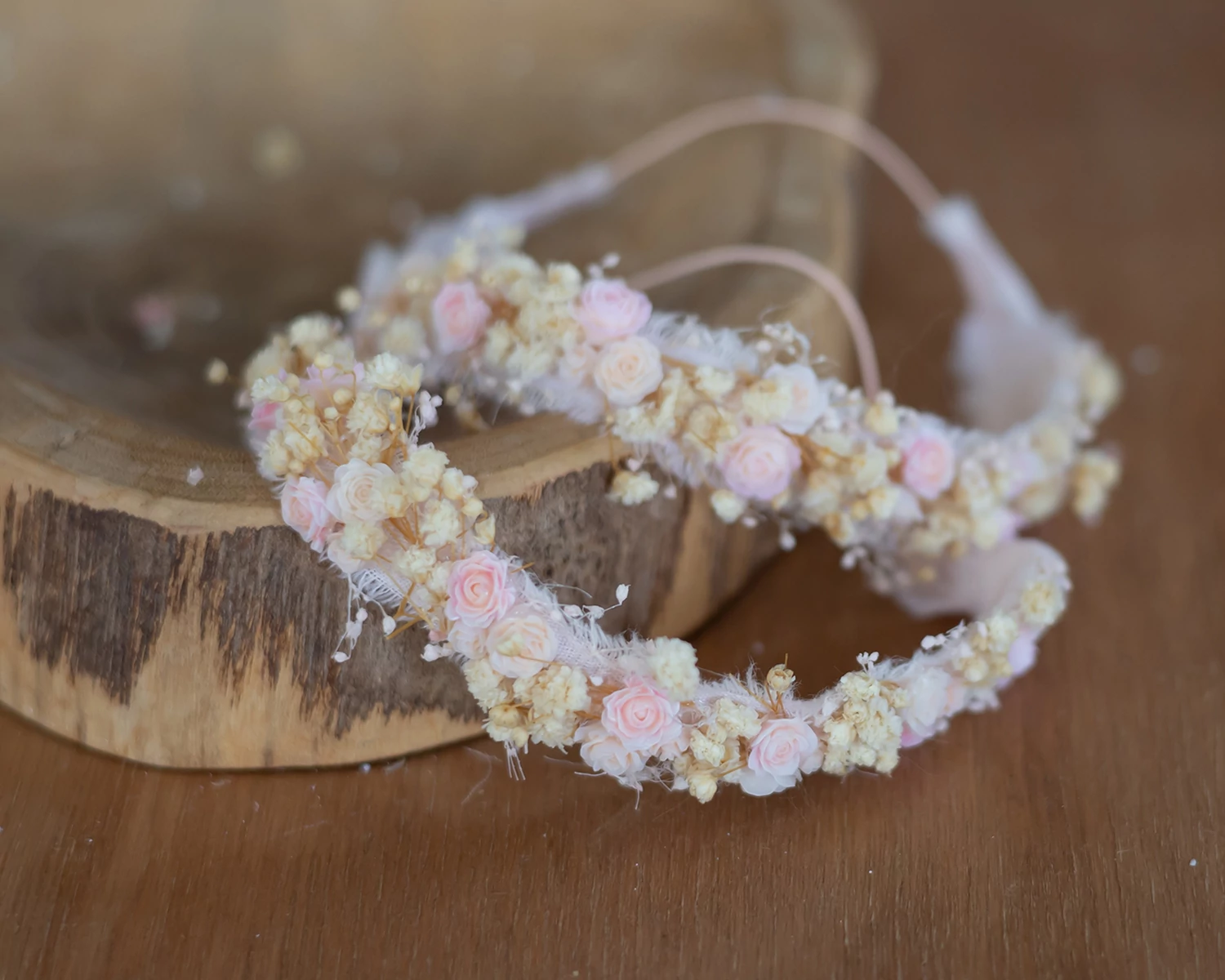 Barackvirág virágos, koszorú jellegű fejpánt - újszülött méret