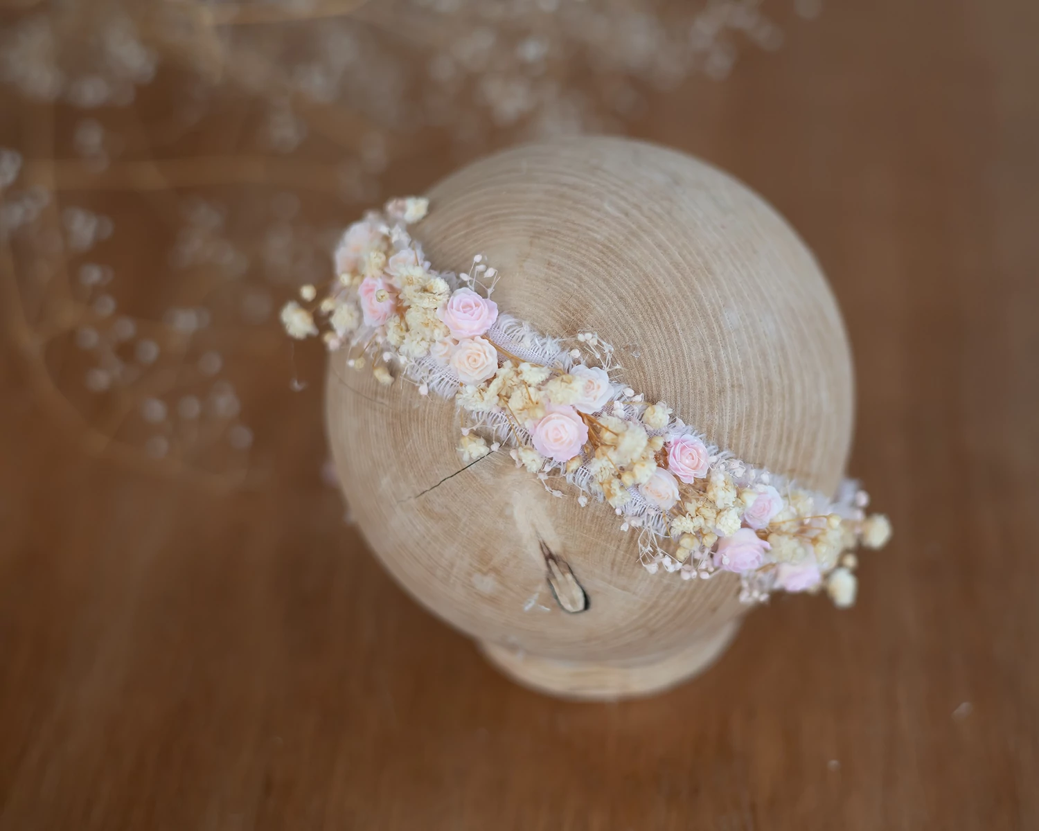 Barackvirág virágos, koszorú jellegű fejpánt - újszülött méret