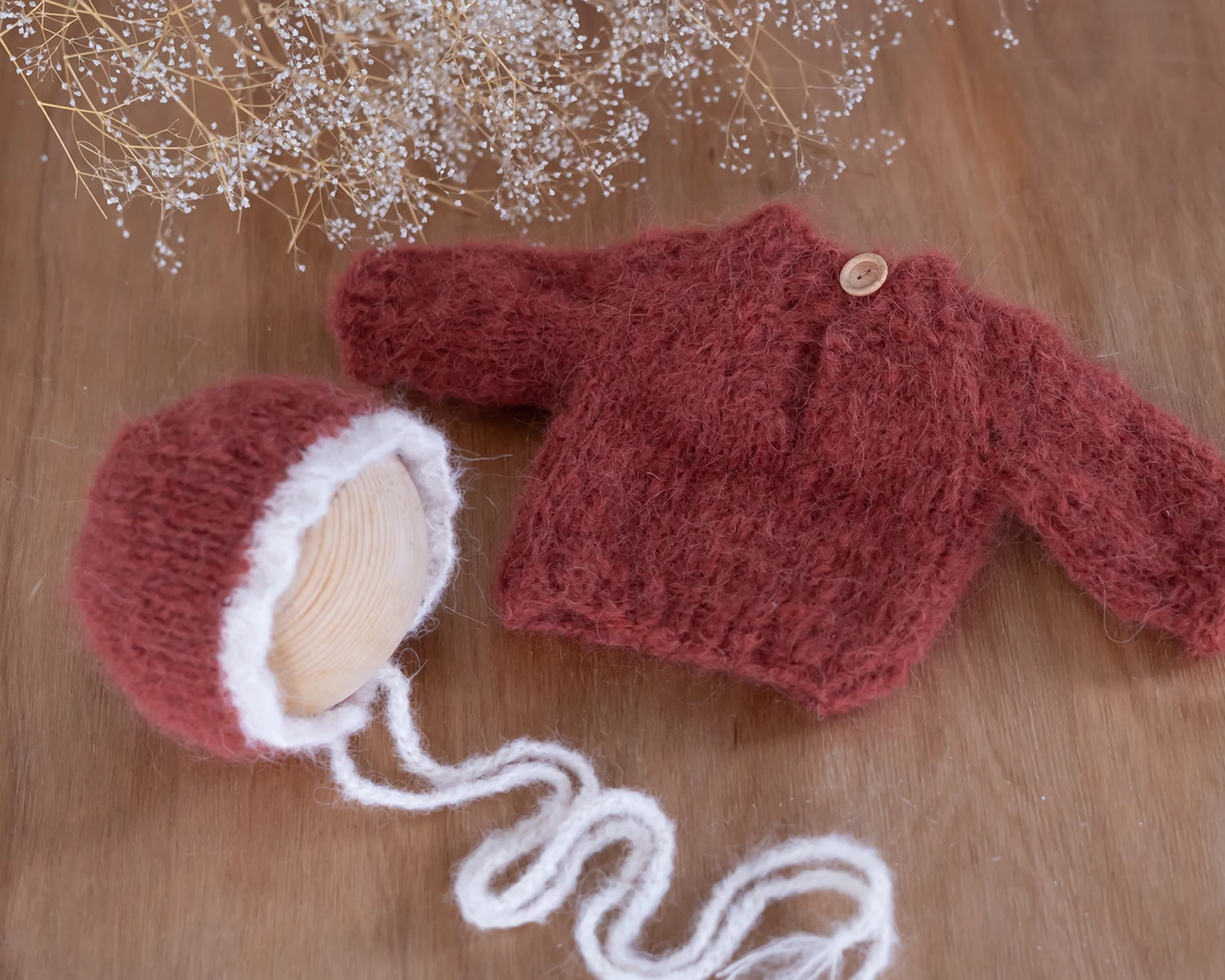 Rust Red Hand-Knitted Sweater and Bonnet in Set