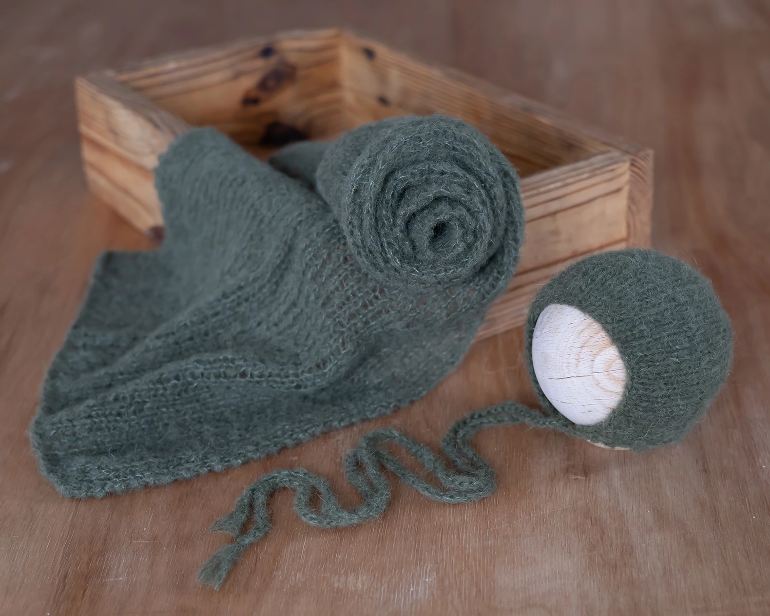 Forest green mohair knitted Wrap 150cm (59 in)  or set with the matching newborn Bonnet