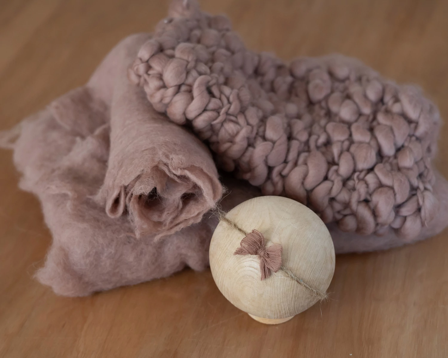 Four-Piece Set: Old Mauve Blanket, Layer, Headband, Wool Fluff