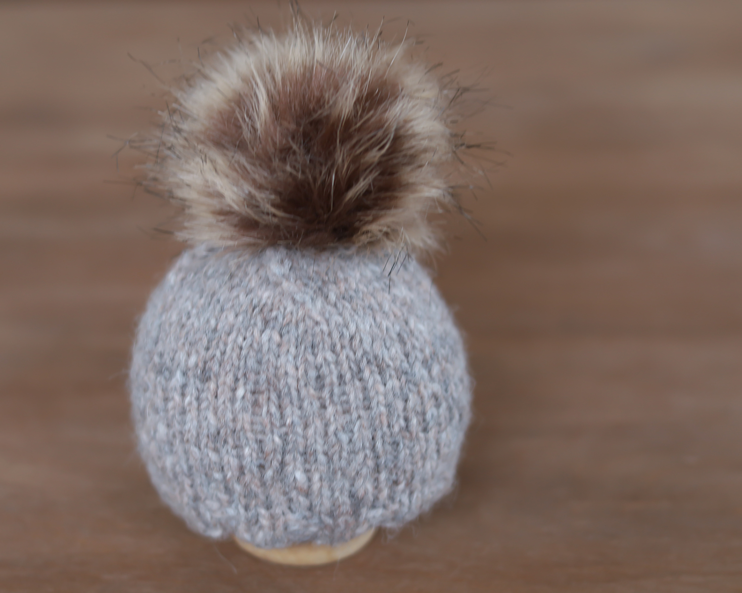 Taupe Knitted Newborn Hat with Pom Pom