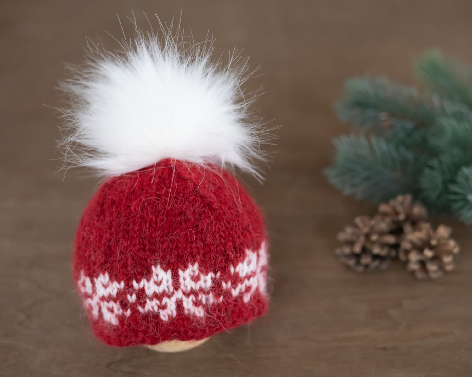 Red-White Knitted Newborn Hat with Pom Pom