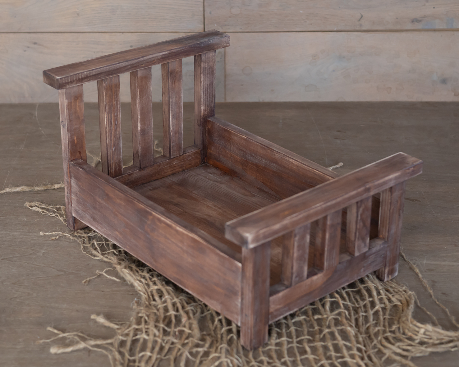 Newborn photo prop - wooden bed antique style, deep brown