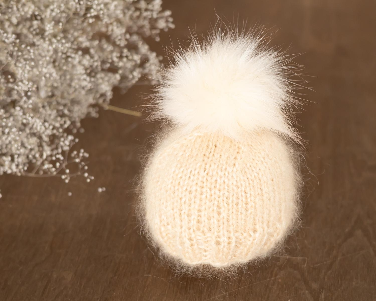  Cream Yellow Newborn Bonnet with Fur Pom Pom
