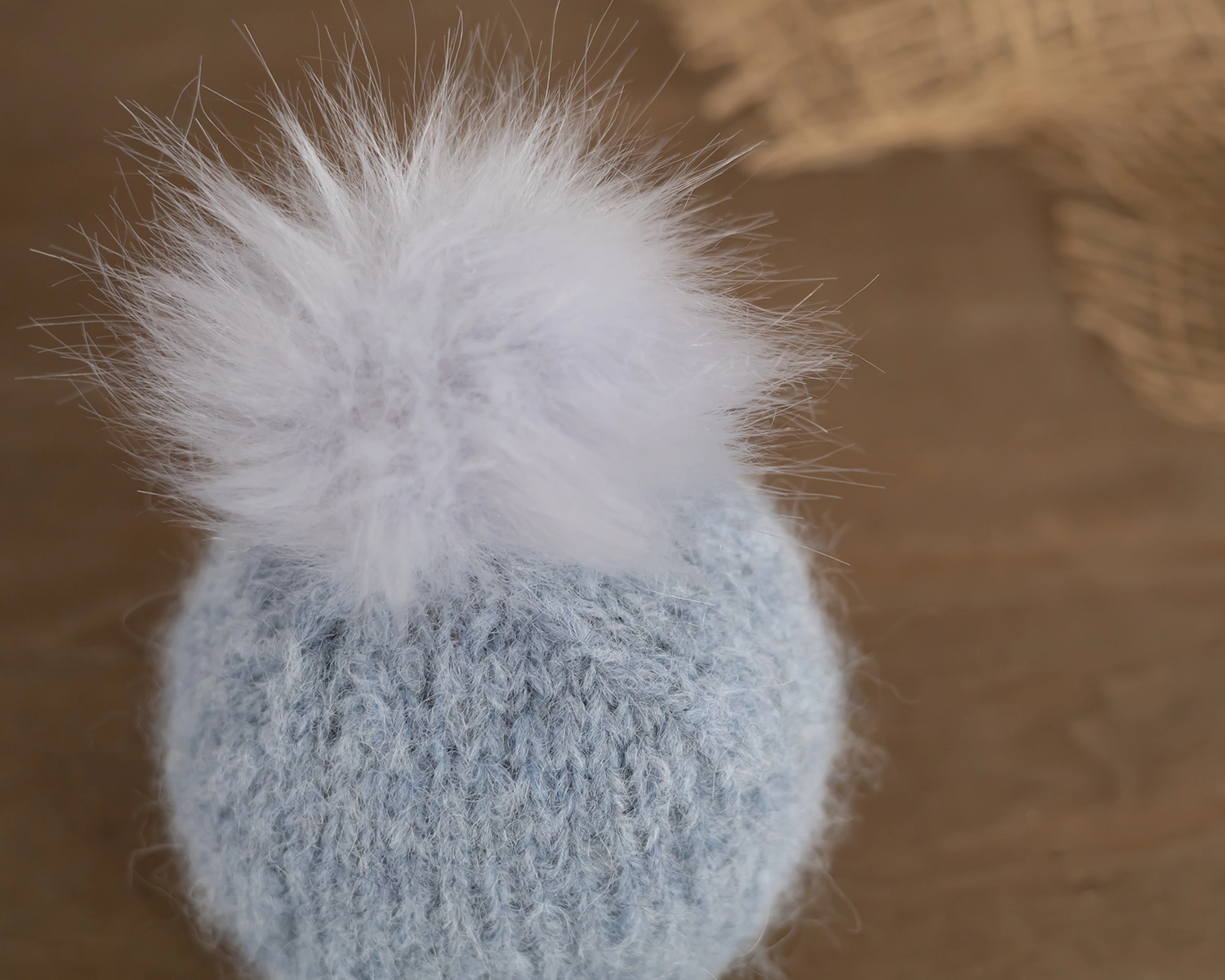 Grey - Blue Newborn Bonnet with Fur Pom Pom