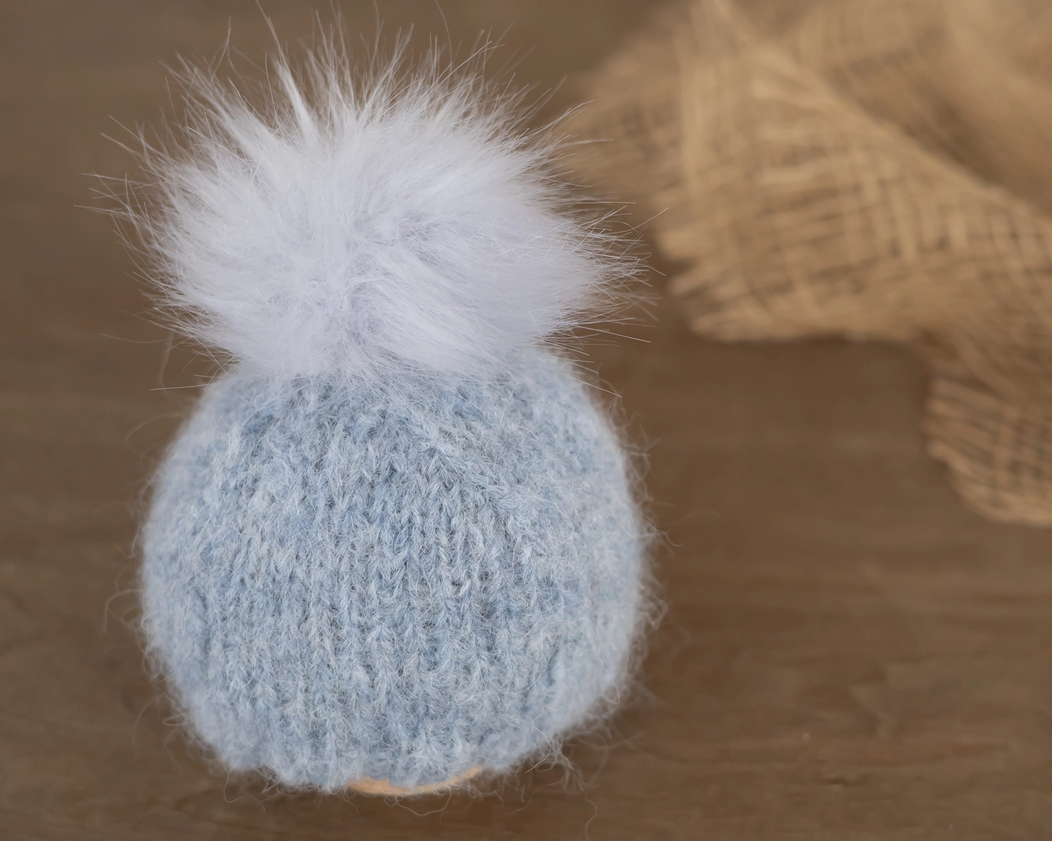 Grey - Blue Newborn Bonnet with Fur Pom Pom