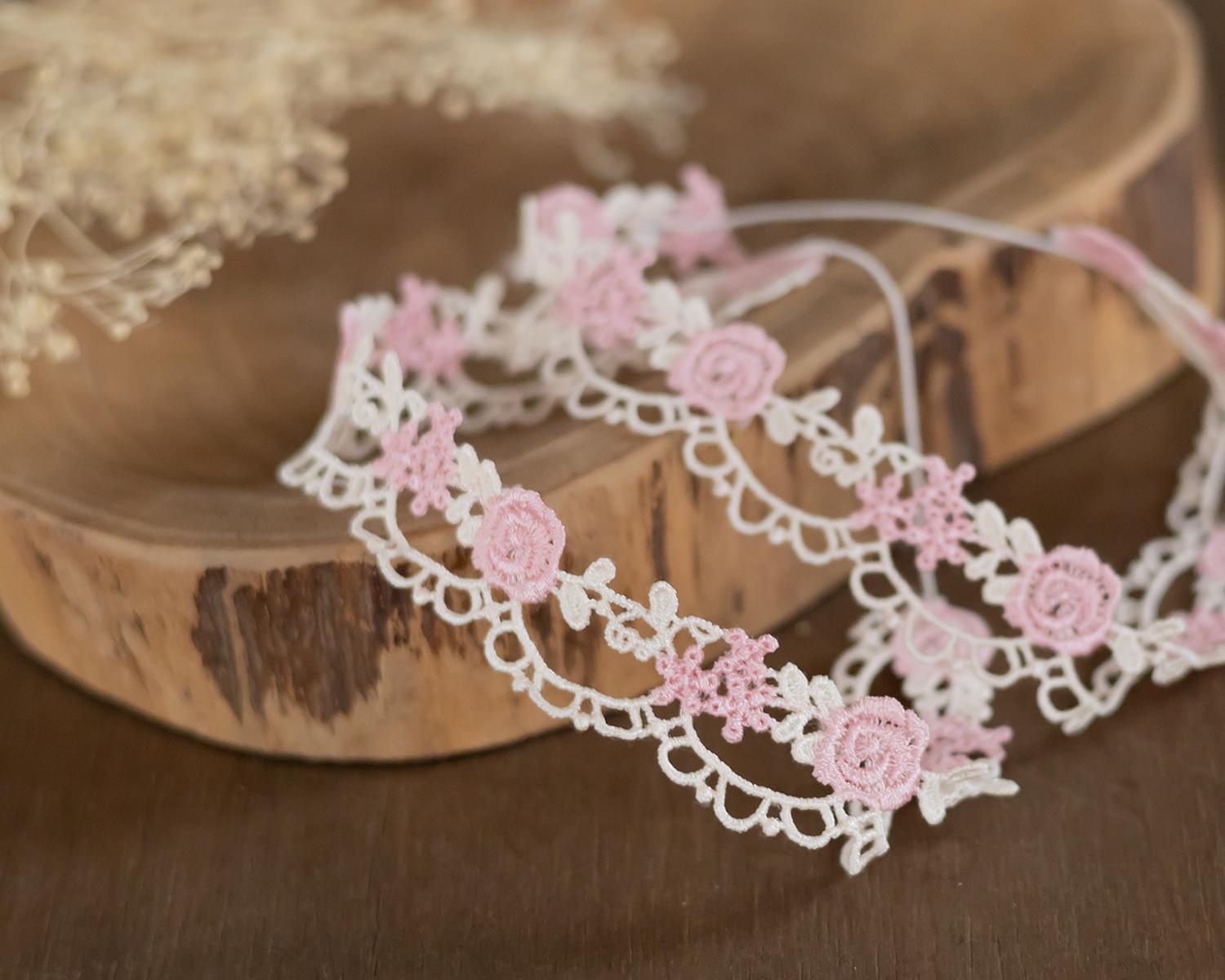Floral Lace Headband, White - pink