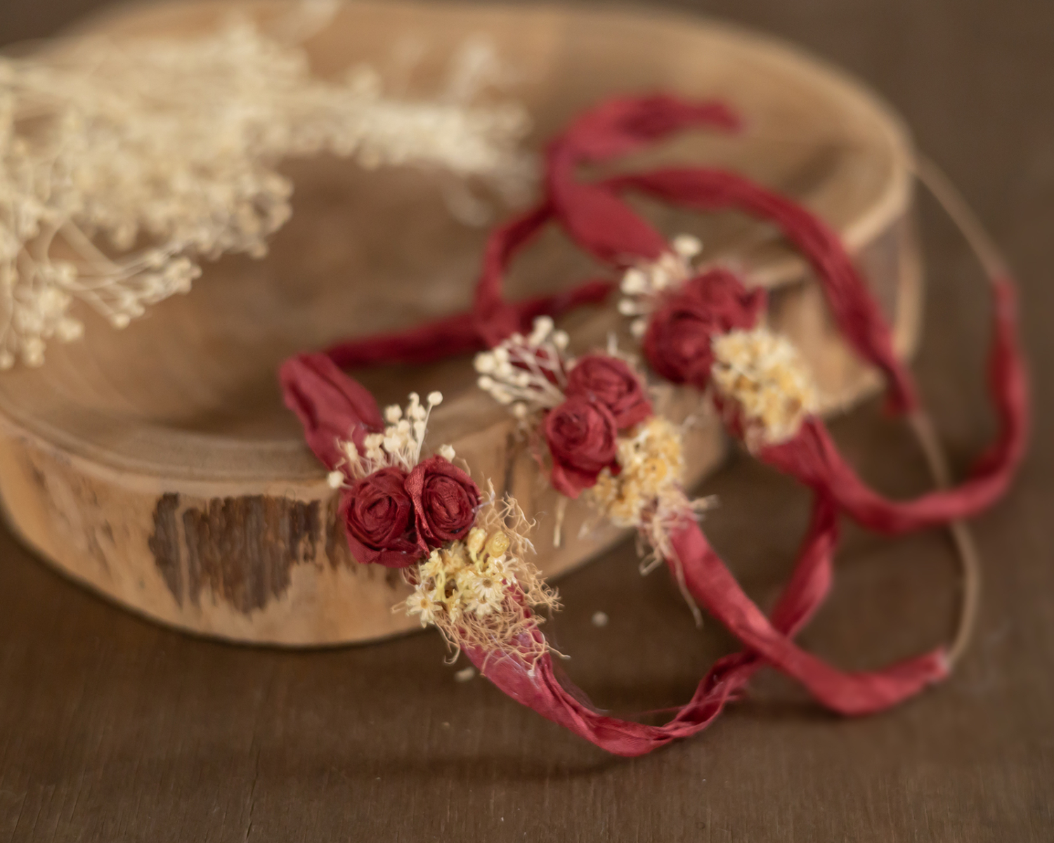 Deep red silk floral headband