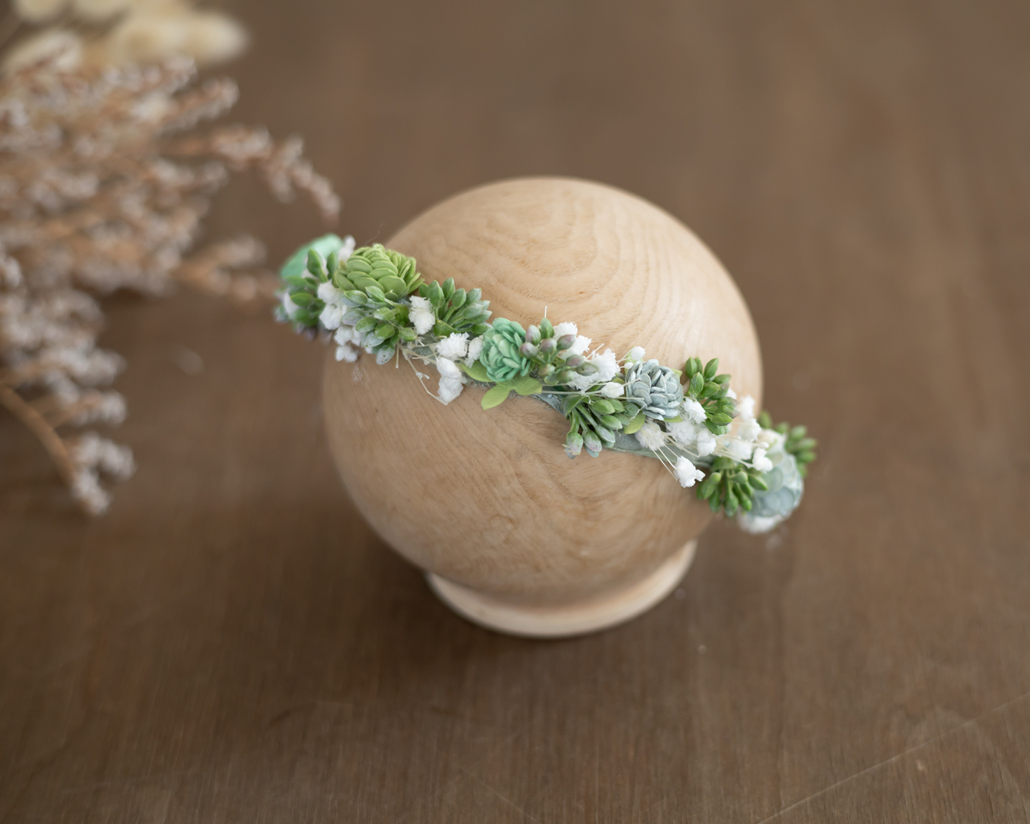Green- ivory floral headband Newborn Size