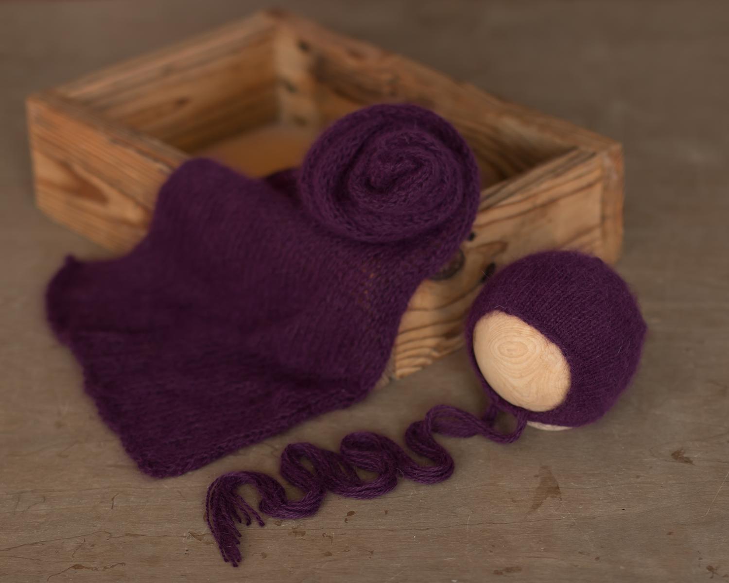 Eggplant Purple knitted angora wrap 140cm and bonnet set