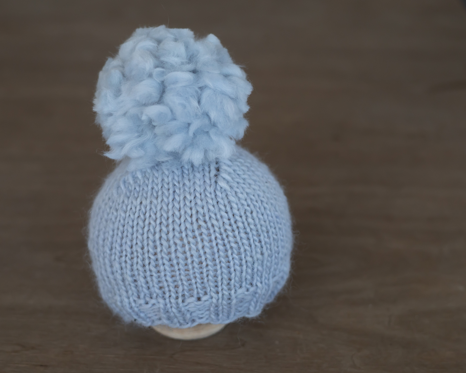 Light Blue Knitted Newborn Pom Pom Beanie Hat