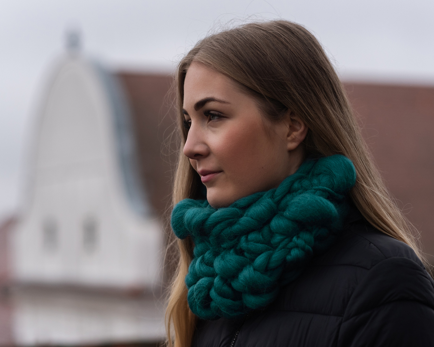 Petrol Green Chunky Knitted Infinity Scarf