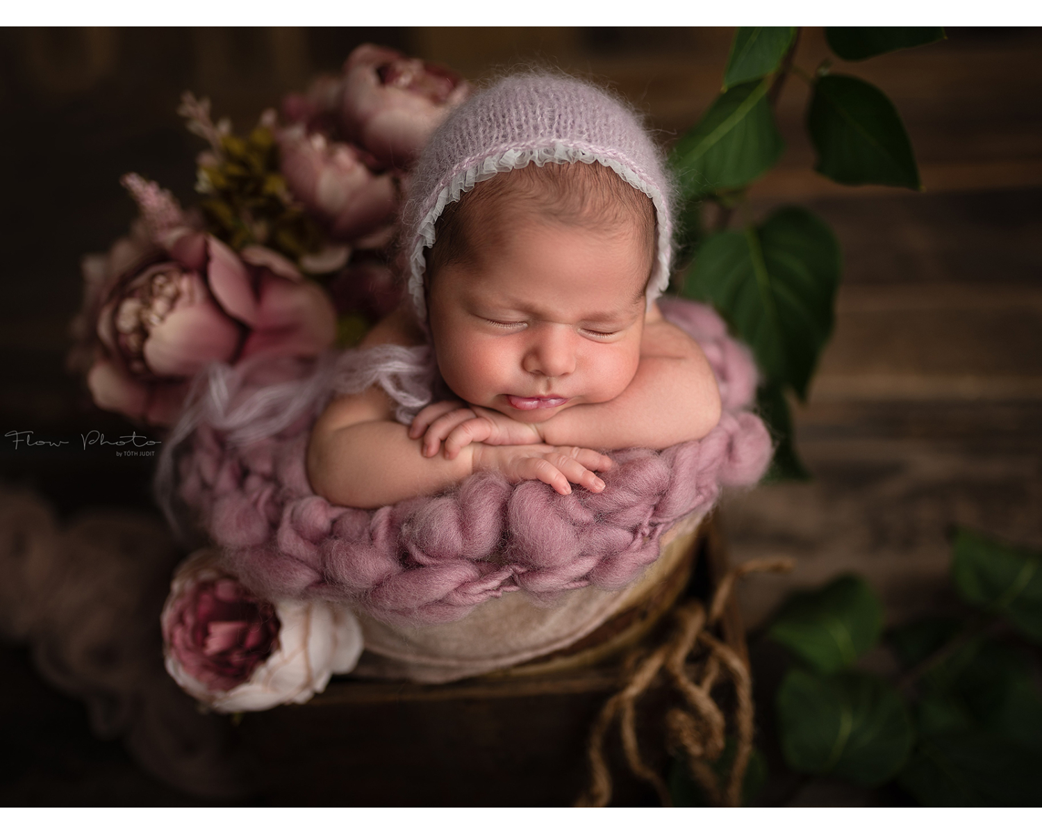 Mauve Mohair Newborn Bonnet with Lace Edge