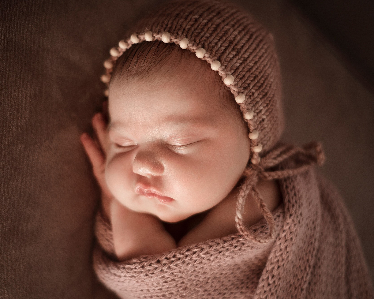 Antique Mauve Newborn Bonnet with Wooden Pearl