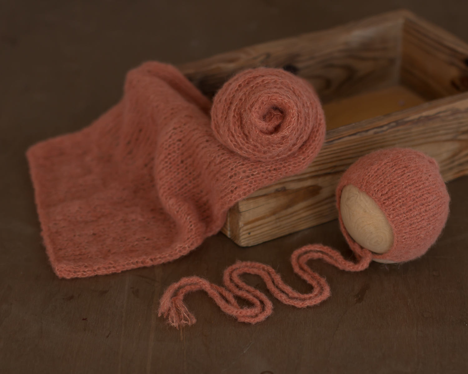 Terrakotta mohair, kötött wrap (150cm), vagy wrap+bonnet szett