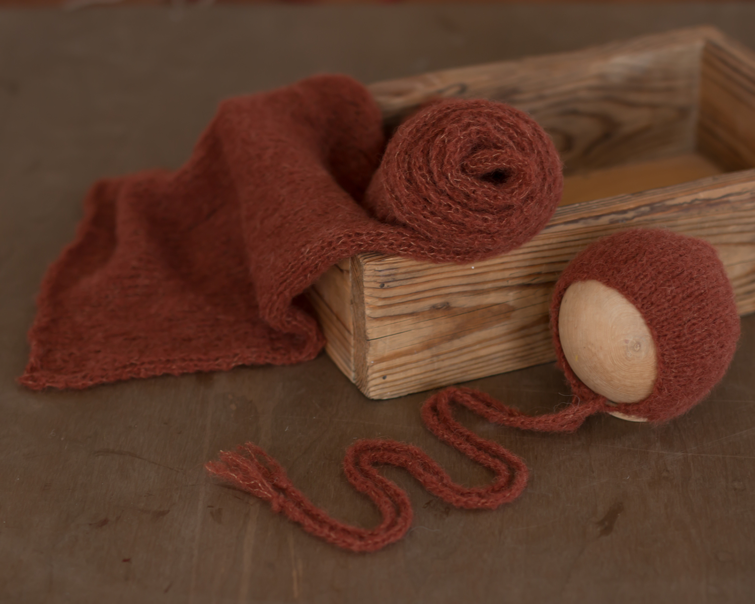 Rozsda színű mohair, kötött wrap (150cm), vagy wrap+bonnet szett