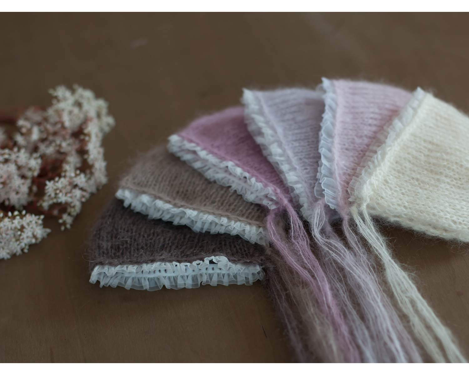 Pale Pink Mohair Newborn Bonnet with Lace Edge