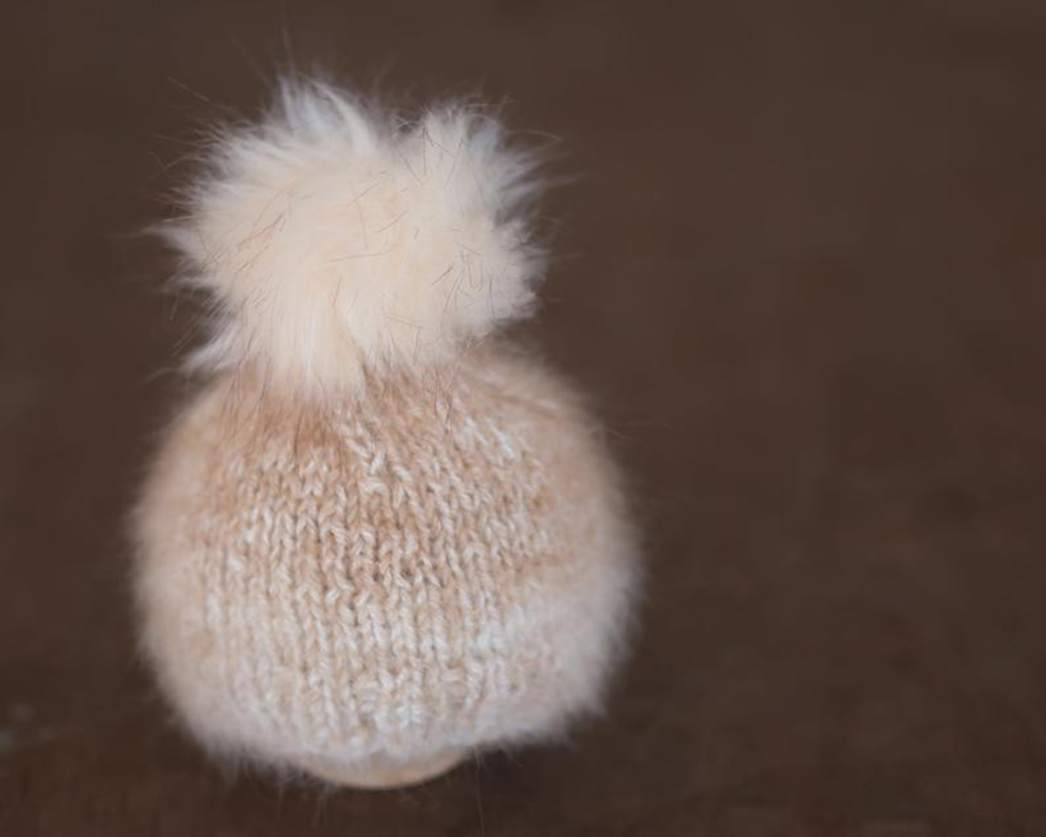 Cream-Beige Newborn Angora Slouchy Hat with Fur Pom Pom