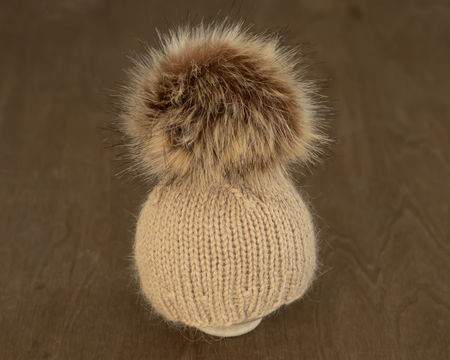  Beige-Brown Newborn Bonnet with Fur Pom Pom